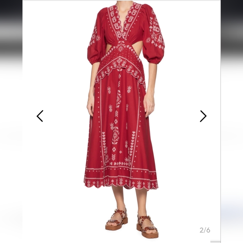 FARM Rio Brazil Red Embroided Dress Puff Sleeves Size L - Picture 2 of 13
